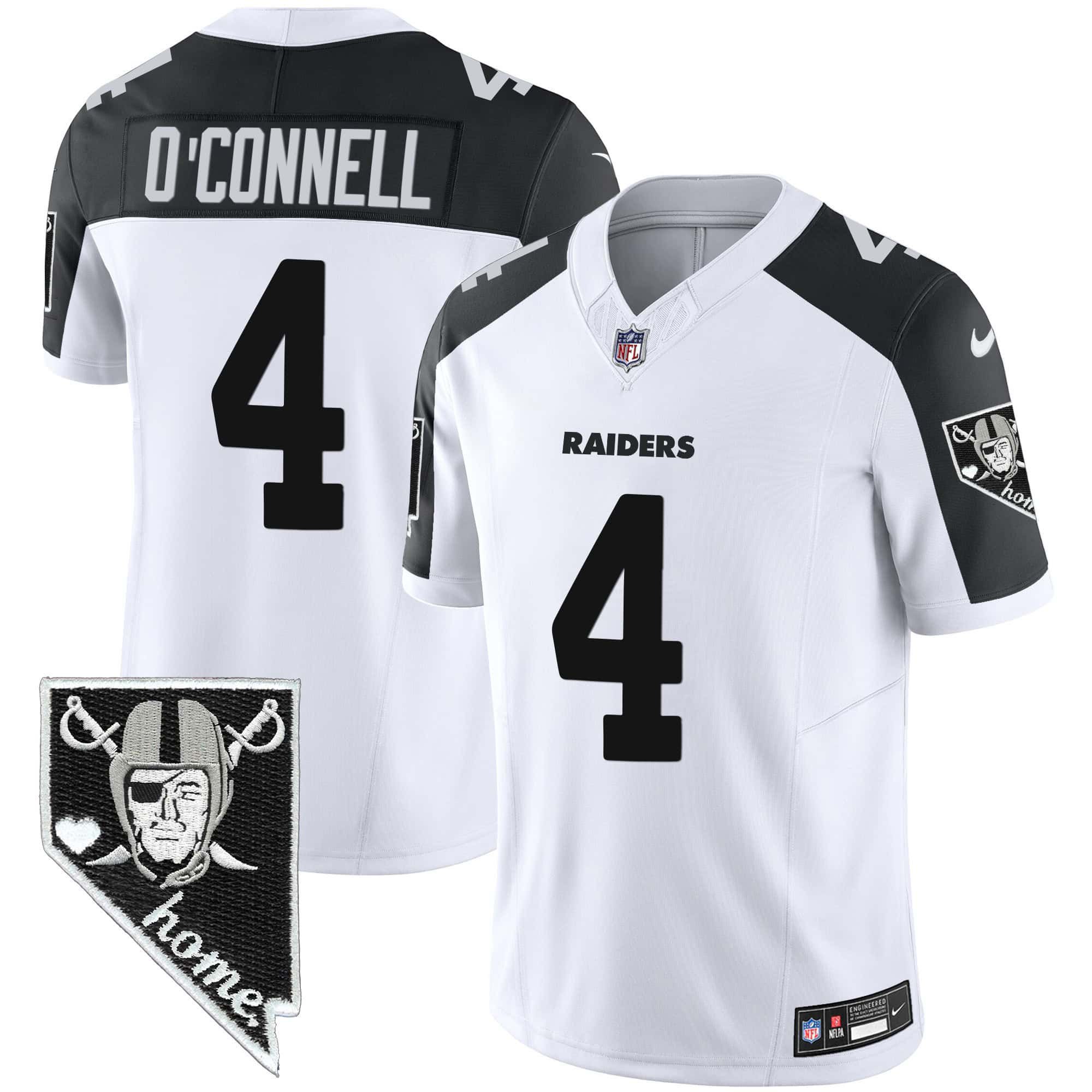 Men Oakland Raiders #4 OConnell White 2024 Nike Nevada Home Patch Vapor NFL Jersey style 1